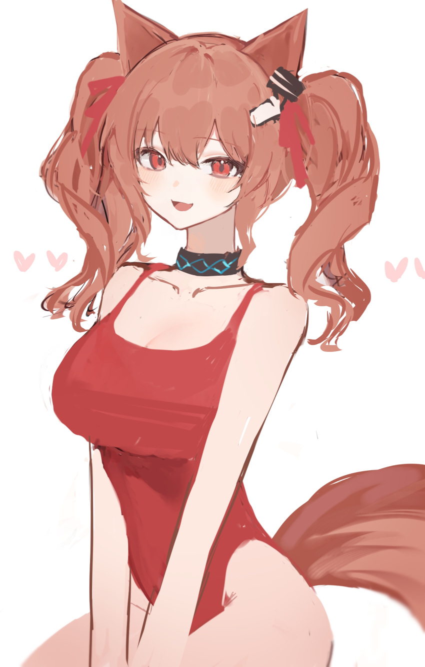 :d angelina_(arknights) angelina_(summer_flower)_(arknights) animal_ears arknights bad_id bad_pixiv_id bare_shoulders blush breasts brown_hair casual_one-piece_swimsuit cleavage collar female fox_ears fox_girl fox_tail highres infection_monitor_(arknights) large_breasts long_hair looking_at_viewer nagute official_alternate_costume one-piece_swimsuit open_mouth red_eyes red_one-piece_swimsuit sitting smile solo swimsuit tail twintails