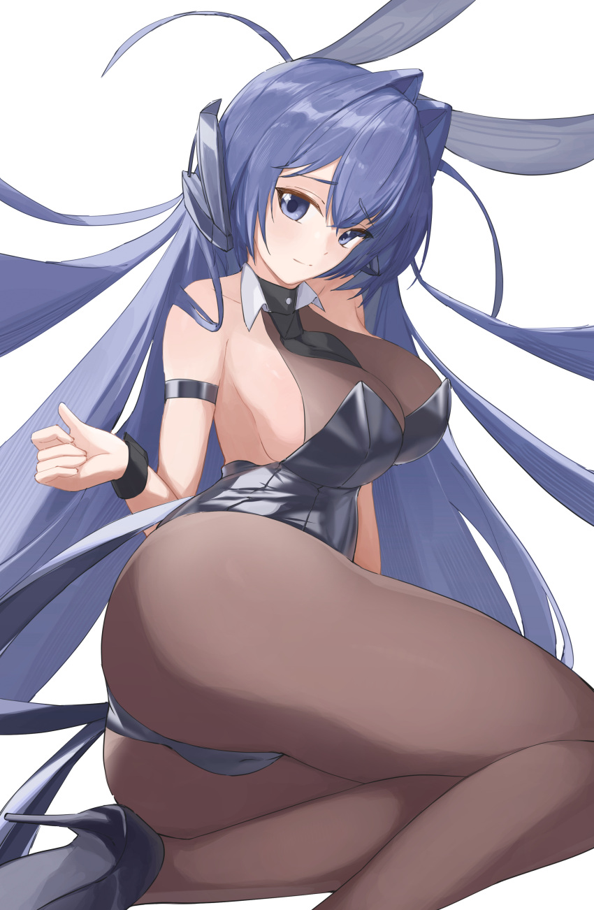 absurdly_long_hair absurdres animal_ears ass azur_lane bad_id bad_pixiv_id bare_shoulders black_footwear black_leotard black_necktie bodystocking breasts cleavage commentary fake_animal_ears female high_heels highres large_breasts leotard long_hair looking_at_viewer necktie new_jersey_(azur_lane) new_jersey_(exhilarating_steps!)_(azur_lane) official_alternate_costume oversized_breast_cup pantyhose playboy_bunny purple_eyes purple_hair rabbit_ears raeis see-through see-through_cleavage simple_background solo stiletto_heels thighs very_long_hair white_background wrist_cuffs