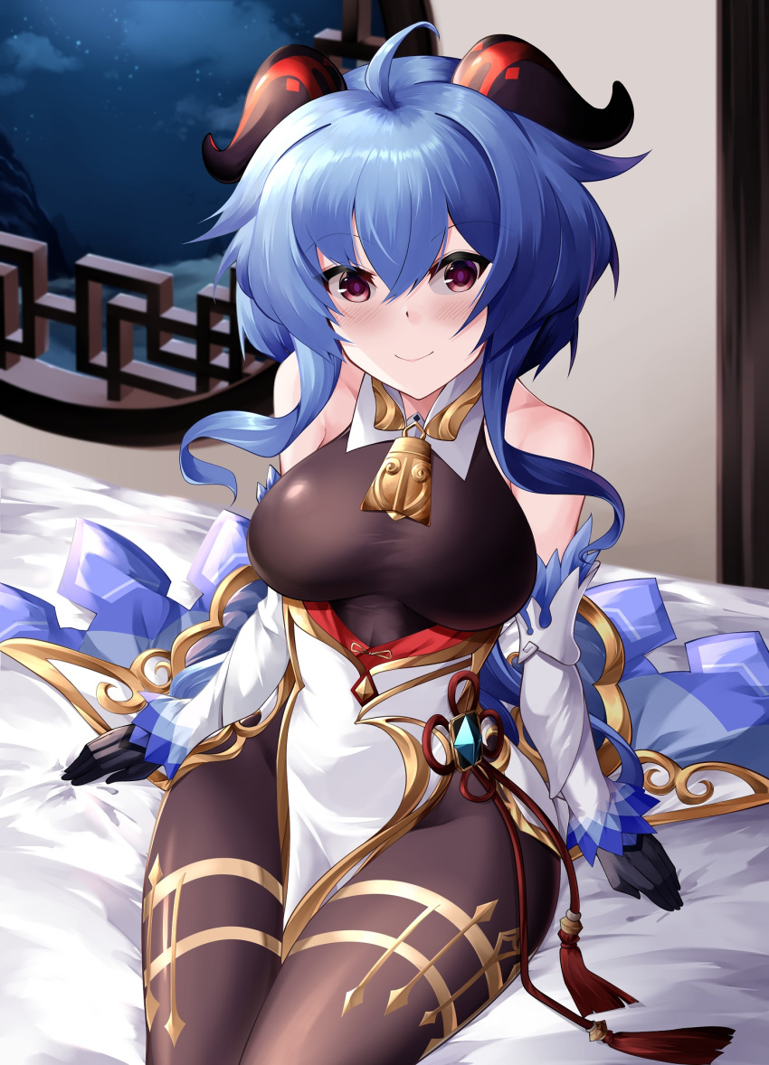 ahoge bare_shoulders bed bell black_gloves blue_hair bodystocking breasts commentary detached_sleeves female ganyu_(genshin_impact) genshin_impact gloves gold_trim highres horns indoors large_breasts long_hair looking_at_viewer neck_bell night purple_eyes sitting smile vision_(genshin_impact) yan_lie