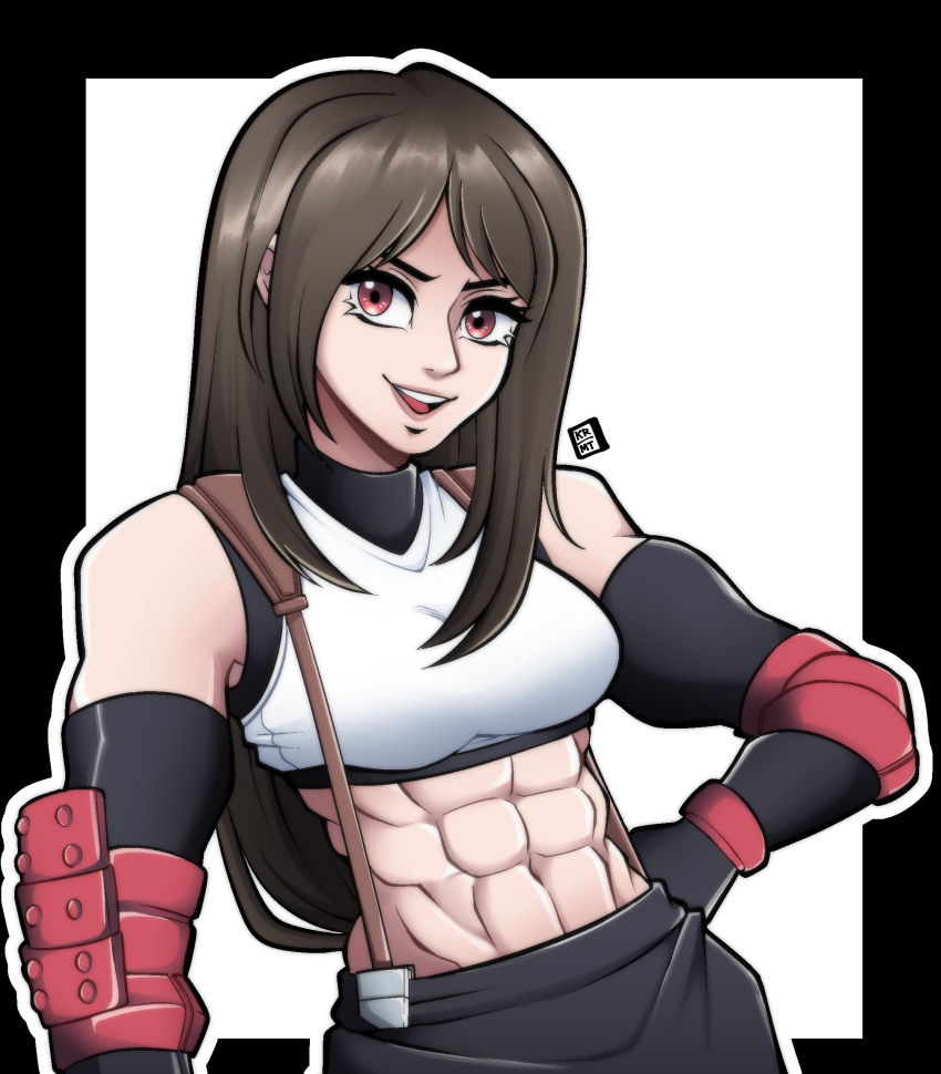 abs alternate_muscle_size black_hair black_skirt breasts commentary crop_top elbow_pads english_commentary female final_fantasy final_fantasy_vii final_fantasy_vii_remake hands_on_own_hips highres kermittend long_hair medium_breasts muscular muscular_female navel open_mouth outline red_eyes signature skirt smile solo suspender_skirt suspenders tank_top tifa_lockhart upper_body white_tank_top