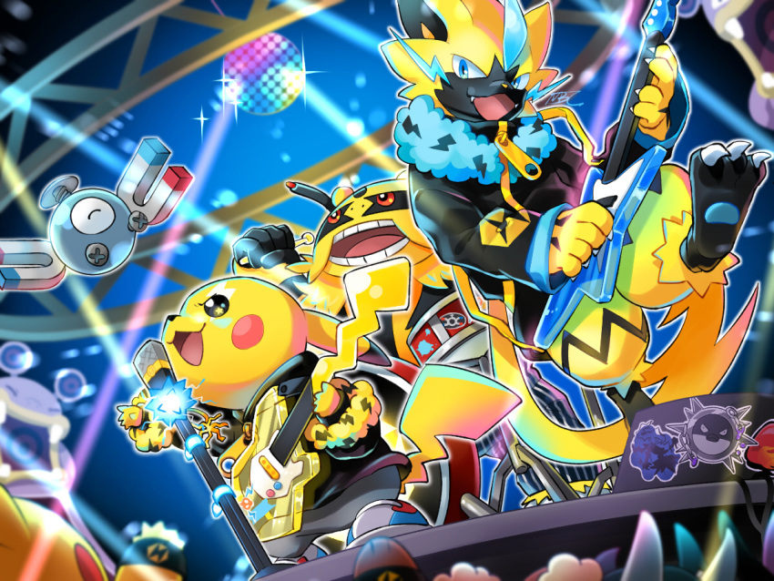 black_eyes blue_eyes claws clothed_pokemon drum drum_set electivire electric_guitar fangs furry guitar holding holding_instrument instrument loudred magnemite microphone mobbbt music pikachu playing_instrument pokemon pokemon_(creature) qwilfish red_eyes standing zeraora