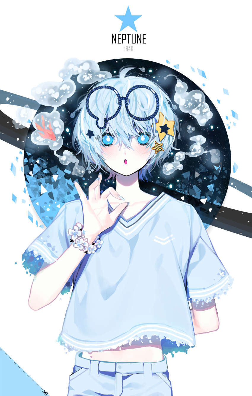 1boy :o absurdres air_bubble arm_behind_back arm_up blue_eyes blue_hair blue_nails blue_pants blue_shirt blue_theme blush bubble commentary english_text eyewear_on_head fish flower flower_bracelet forget-me-not_(flower) hair_between_eyes hair_ornament highres liquid_clothes looking_at_viewer male_focus midriff_peek muaooooo ok_sign original pale_skin pants planet shirt short_hair solo star_(symbol) star_hair_ornament straight-on striped_glasses teardrop-framed_glasses upper_body v-neck wrist_flower