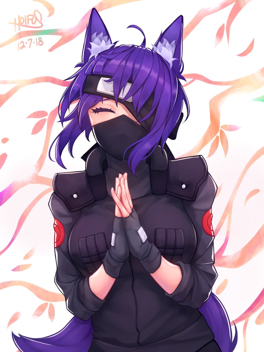 ahoge animal_ears artist_name black_gloves breasts closed_eyes commentary_request commission cosplay dated facing_viewer female fingerless_gloves gloves happy hatake_kakashi hatake_kakashi_(cosplay) highres hoipus large_breasts long_hair long_sleeves mura_(woops) naruto_(series) original purple_hair signature solo tail very_long_hair wolf_ears wolf_tail