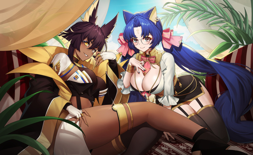 2girls animal_ears bad_id bad_pixiv_id bastet_(echocalypse) black-framed_eyewear black_coat black_footwear black_hair black_skirt black_thighhighs blonde_hair blue_hair blue_nails bracelet breasts cat_ears cleavage closed_mouth coat colored_inner_hair dark-skinned_female dark_skin ear_piercing echocalypse fingernails forehead_tattoo glasses gold_trim grey_eyes hair_ribbon horus_(echocalypse) jewelry large_breasts long_fingernails long_hair looking_at_viewer medium_hair mingoo multicolored_hair multiple_girls nail_polish open_clothes open_coat open_mouth parted_bangs piercing plant red_ribbon ribbon shirt side_slit sidelocks single_thighhigh skirt smile teeth thighhighs thighlet twintails very_long_hair white_shirt white_skirt yellow_eyes yellow_nails