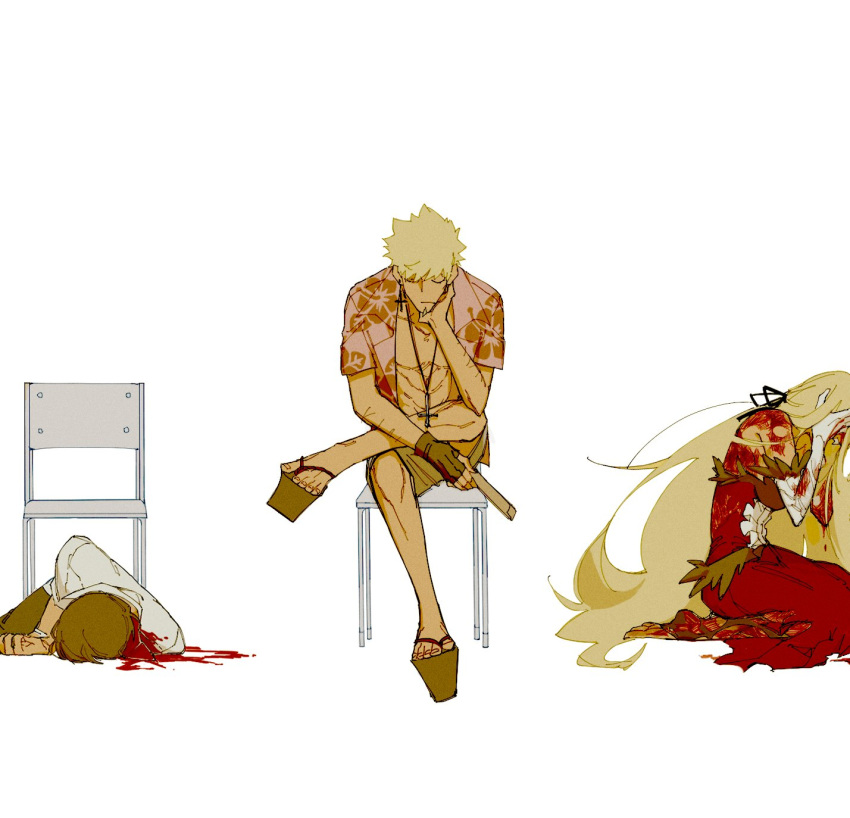 2boys araragi_koyomi backless_dress backless_outfit bakemonogatari black_hair black_ribbon blonde_hair blood blood_on_clothes chair closed_eyes commentary covering_face cross crying death dress elbow_gloves envelope fangs feet female fingerless_gloves gloves hair_ribbon hawaiian_shirt highres inverted_cross inverted_cross_earrings inverted_cross_necklace kiss-shot_acerola-orion_heart-under-blade kneeling long_hair monogatari_(series) multiple_boys open_clothes open_shirt oshino_meme oshino_shinobu panyasan_777 pink_shirt platform_footwear red_dress ribbon sandals shirt short_hair shorts sitting spiked_hair toes torn_clothes torn_legwear very_long_hair white_background