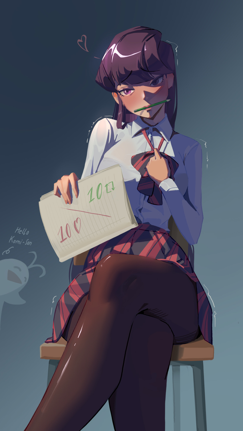 1other absurdres black_eyes black_hair bow chair closed_mouth collared_shirt crossed_legs diagonal-striped_bow diagonal-striped_clothes diagonal-striped_skirt english_text female heart highres holding holding_notebook itan_private_high_school_uniform komi-san_wa_komyushou_desu komi_shouko long_hair mazzenka meme motion_lines mouth_hold notebook osana_najimi_(komi-san_wa_komyushou_desu) pantyhose pencil school_uniform shirt shirt_tucked_in sitting solo_focus spoken_heart striped_bow striped_clothes twitter_strip_game_(meme) white_shirt