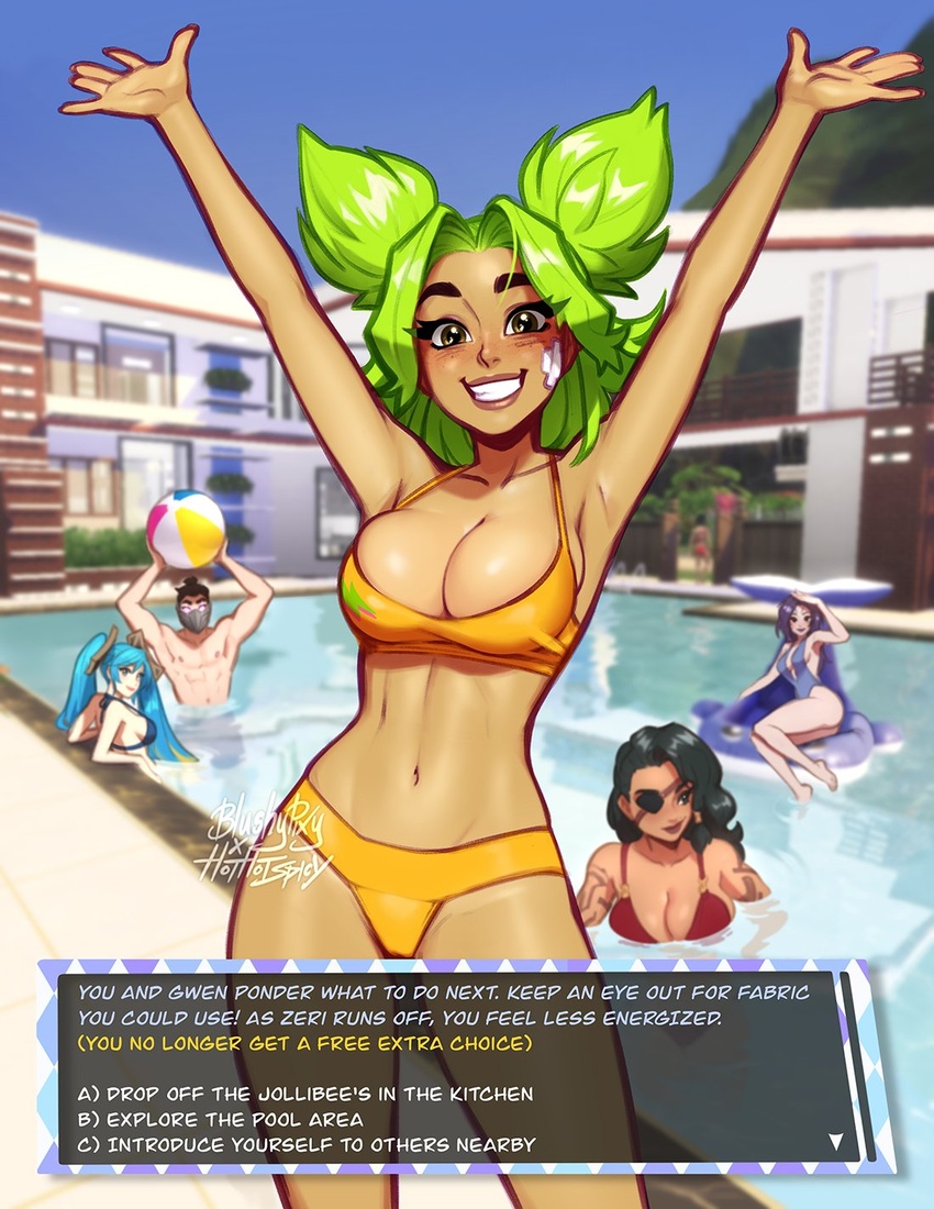 1boy 4girls arms_up ball bandaid bandaid_on_face bare_shoulders beachball blush blushyspicy breasts closed_eyes collarbone english_text eyepatch grin highres kai'sa large_breasts league_of_legends long_hair multiple_girls navel one-piece_swimsuit pool samira shen_(league_of_legends) shiny_skin short_hair signature skindentation smile sona_(league_of_legends) stomach swimsuit tan teeth twintails water zeri_(league_of_legends)