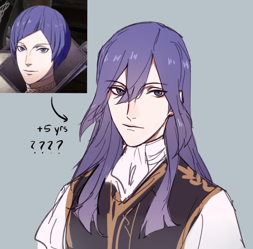 1boy ? alternate_hair_length alternate_hairstyle black_vest commentary d4ggerfish english_commentary fire_emblem fire_emblem:_three_houses grey_eyes hair_between_eyes highres long_hair looking_at_viewer lorenz_hellman_gloucester male_focus purple_hair shirt upper_body vest white_shirt