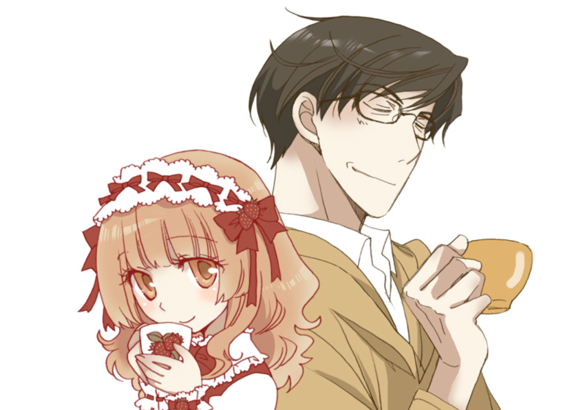 1boy black_hair blunt_bangs bow brown_eyes brown_hair closed_eyes cup curly_hair female glasses hair_ornament hairband holding kinoshita_sakura koisuru_ojou-sama_wa_papa_to_yobitakunai lolicon lolita_fashion lolita_hairband long_hair puffy_short_sleeves puffy_sleeves sakaki_karen short_hair short_sleeves smile sweet_lolita yahiro_masamune