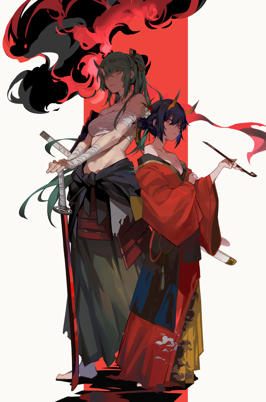 2girls arknights bandaged_arm bandages blue_hair breasts ch'en_(arknights) chest_sarashi cleavage clothes_around_waist commentary dragon_horns dress fingernails flower full_body green_eyes green_hair hair_between_eyes hair_bun hair_flower hair_fruit hair_ornament hand_on_hilt highres holding holding_smoking_pipe holding_sword holding_weapon horns hoshiguma_(arknights) katana long_hair looking_at_viewer medium_breasts multiple_girls narakuuu off_shoulder ponytail red_dress sarashi shirt shirt_around_waist single_hair_bun single_horn skin-covered_horns smoking_pipe standing sword symbol-only_commentary weapon