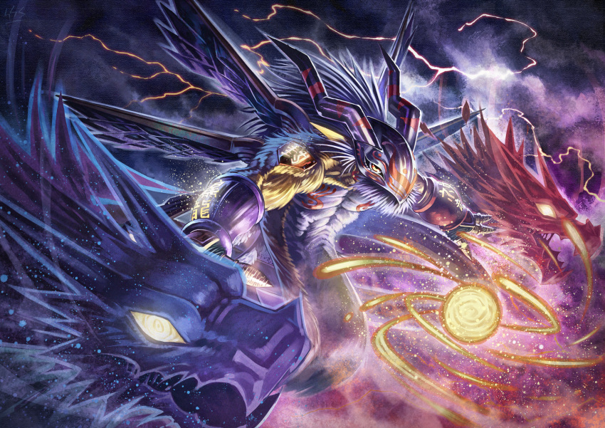 cloud cloudy_sky commentary_request digimon digimon_(creature) dragon electricity energy flying glowing glowing_eyes goddramon helmet highres horns lightning no_humans red_eyes sasasi sky solo storm wings