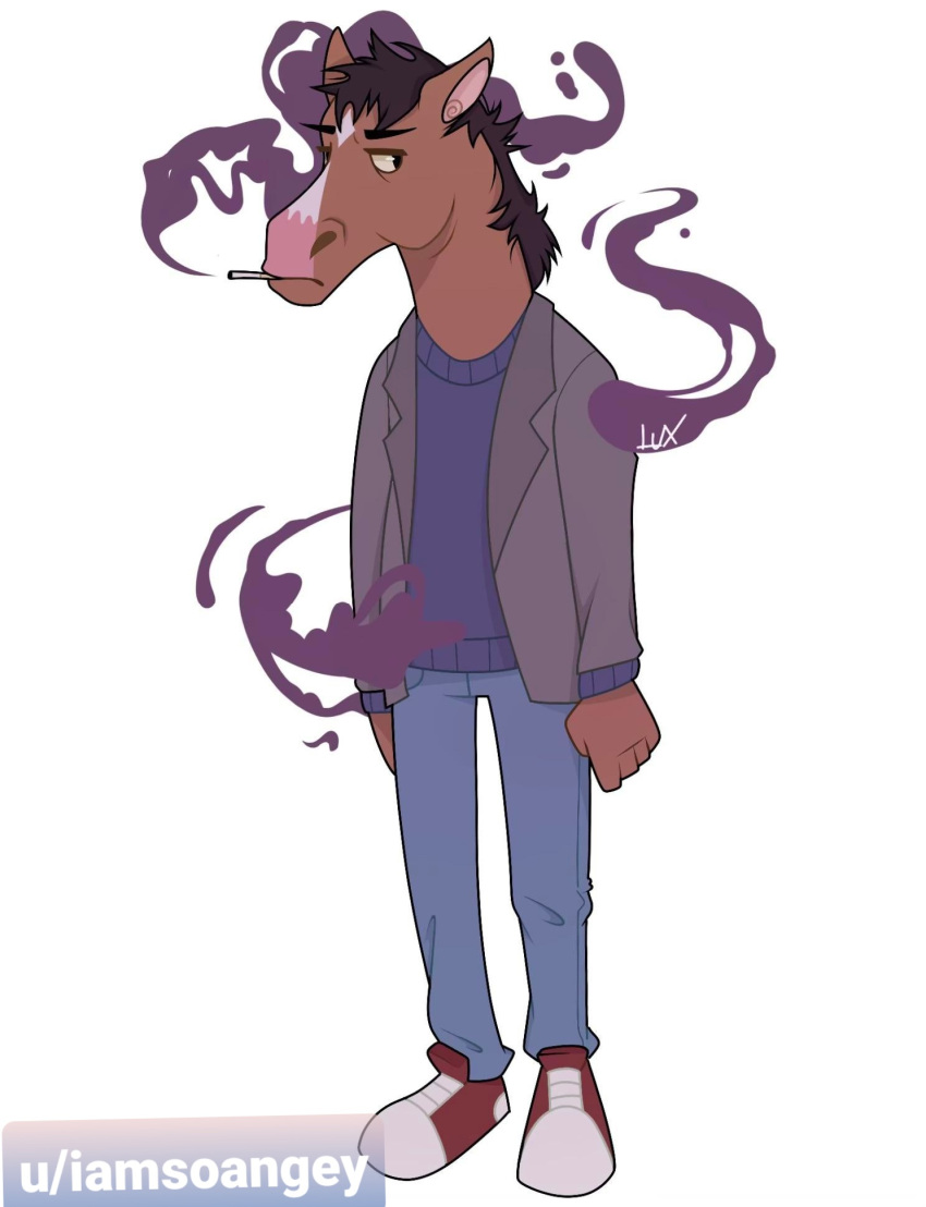 bojack_horseman bojack_horseman_(character) bottomwear brown_hair cigarette clothing equid equine footwear hair hi_res horse humanoid jacket male mammal netflix pants sad shoes solo sweater topwear