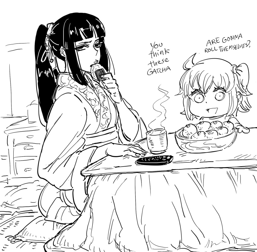 2girls :d bad_id bb_(baalbuddy) blunt_bangs chibi chinese_clothes commentary controller cup eating english_commentary english_text fate/grand_order fate_(series) food fujimaru_ritsuka_(female) gacha greyscale hanfu highres holding holding_food inactive_account jing_ke_(fate) kotatsu long_hair long_sleeves looking_at_viewer monochrome multiple_girls obi onigiri open_mouth parody pillow ponytail remote_control riyo_(lyomsnpmp)_(style) sash sidelocks sitting smile steam straight_hair style_parody table wide_sleeves