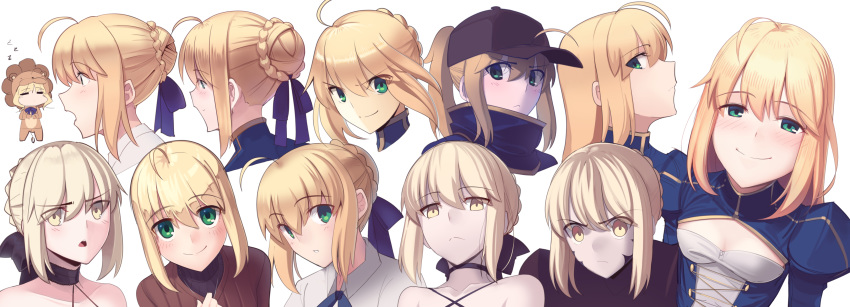 =_= absurdres ahoge animal_costume armor artoria_pendragon_(fate) baseball_cap black_choker blonde_hair blue_dress blue_ribbon blush boa_(brianoa) braid braided_bun breasts brown_sweater chibi choker cleavage_cutout closed_mouth clothing_cutout commentary_request dark_persona dress expressions eyes_visible_through_hair fate/grand_order fate/stay_night fate/tiger_colosseum fate_(series) gradient_background green_eyes grey_background grey_headwear hair_bun hair_ribbon happy hat highres lion_costume long_hair looking_at_viewer multiple_persona mysterious_heroine_x_(fate) open_mouth parted_lips profile purple_ribbon ribbon saber_(fate) saber_alter saber_lion sidelocks small_breasts smile sweater turtleneck white_background wide-eyed yellow_eyes zzz