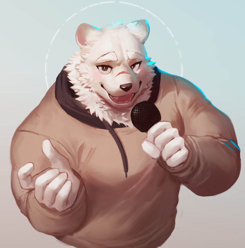 1boy animal_ears bara bear_boy bear_ears brown_hoodie commentary cropped_torso english_commentary furry furry_male highres holding holding_microphone hood hoodie indie_virtual_youtuber jugo_kumagai large_pectorals looking_at_viewer male_focus microphone muscular muscular_male oerba_yun_fang papyuuno pectorals scar scar_on_face scar_on_nose smile solo thick_eyebrows virtual_youtuber white_fur