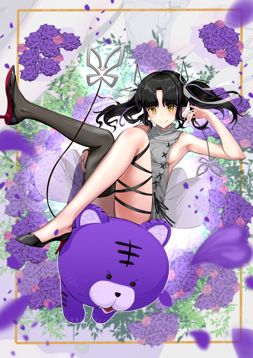 absurdres armpits black_footwear black_hair black_ribbon black_thighhighs blush breasts closed_mouth commentary_request demon_girl demon_horns demon_tail female floral_background flower full_body grey_sweater high_heels highres horns kojo_anna kojo_anna_(3rd_costume) leg_ribbon long_hair looking_at_viewer medium_breasts meme_attire multicolored_hair nanashi_inc. official_alternate_costume parted_bangs partial_commentary petals pointy_ears purple_flower purple_hair purple_rose ribbon rose sankyo_(821-scoville) sideboob single_thighhigh smile solo stuffed_animal stuffed_tiger stuffed_toy sugar_lyric sweater tail thighhighs two-tone_hair two_side_up virgin_killer_sweater virtual_youtuber yellow_eyes