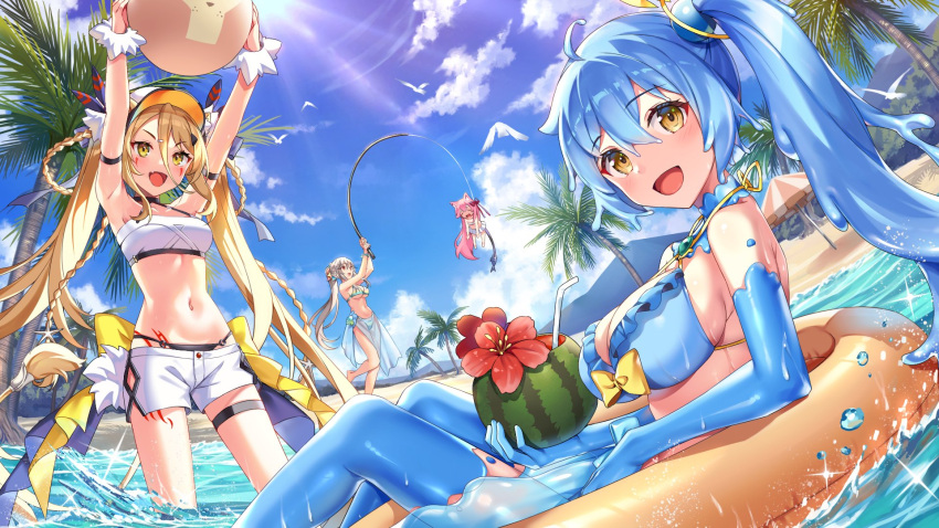 >:) 4girls :d ahoge animal_ear_fluff animal_ears anna_(sennen_sensou_aigis) argyle_cutout armband armpits arms_up back_bow ball baseball_cap beach beach_umbrella bendy_straw bikini bird blonde_hair blue_hair blush body_markings bow bow_swimsuit braid breasts brooch clothing_cutout cloud commentary_request crop_top day dot_nose drink drinking_straw ears_through_headwear elbow_gloves facial_mark fish fisheye fishing_rod flower food frilled_bikini frills fruit gloves hair_between_eyes hair_ornament hairclip halterneck hat hibiscus highres holding holding_ball holding_drink holding_fishing_rod innertube jewelry large_breasts leone_(sennen_sensou_aigis) lion_tail long_hair looking_at_viewer micro_shorts monster_girl monster_musume_td mountainous_horizon multiple_girls navel oerba_yun_fang official_art outdoors palm_tree pink_hair ponytail red_flower rin_(monmusu_td) sarong sennen_sensou_aigis shorts side_ponytail skin_fang skindentation slime_girl smile stomach summer sun sunlight swim_ring swimsuit tail thigh_strap thighhighs tree twintails umbrella v-shaped_eyebrows very_long_hair vivi_vache_(monmusu_td) water watermelon white_bird yellow_bow yellow_eyes