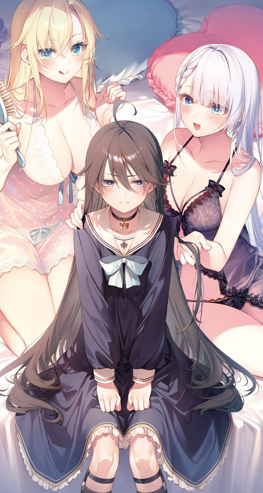 1boy 2girls ahoge black_hair blonde_hair blue_eyes blush bow breasts brushing_another's_hair brushing_hair choker cleavage collarbone commentary_request crossdressing hair_between_eyes hair_brush hand_in_another's_hair highres holding holding_another's_hair large_breasts leonis_death_magnus long_hair multiple_girls novel_illustration official_art open_mouth otoko_no_ko pajamas panties pillow regina_mercedes riselia_ray_crystalia school_uniform see-through seiken_gakuin_no_maken_tsukai tongue tongue_out toosaka_asagi underwear very_long_hair white_hair