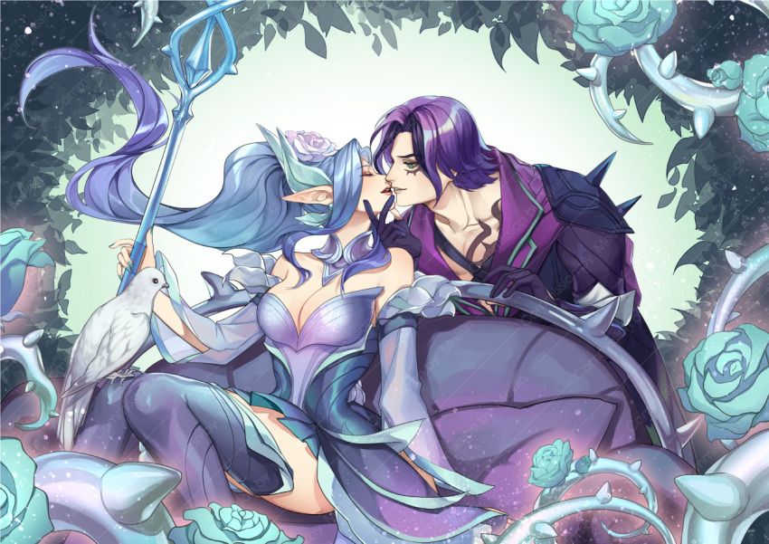 1boy artist_request bare_shoulders barefoot commentary crystal_rose_janna dress earrings english_commentary eye_contact feathers female flower formal gloves hair_flower hair_ornament hand_on_another's_chest hand_on_another's_leg heart janna_(league_of_legends) jewelry league_of_legends long_hair looking_at_another necklace necktie necktie_grab neckwear_grab parted_lips petals pointy_ears red_flower red_rose ring rose rose_petals short_hair sitting sitting_on_lap sitting_on_person smile strapless strapless_dress suit talon_(league_of_legends) wedding_dress white_background withered_rose_talon