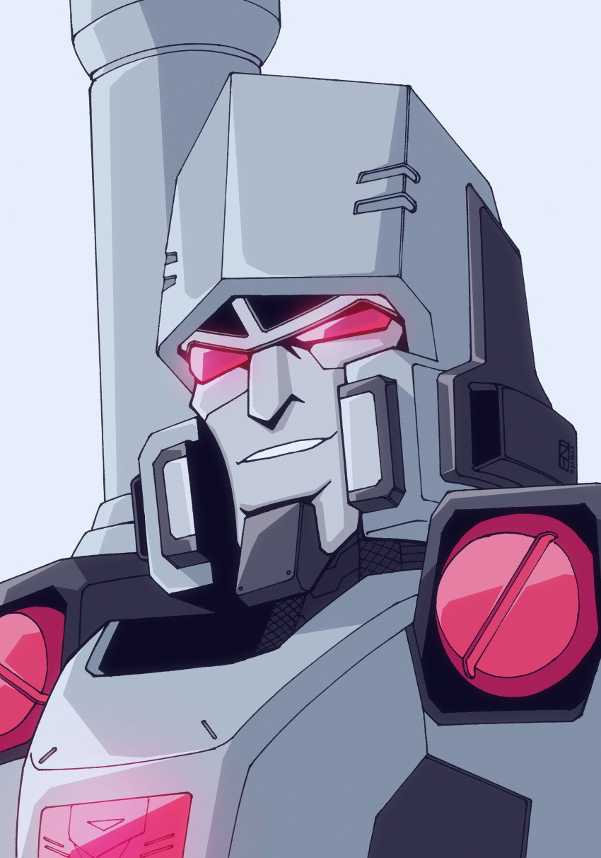 1boy absurdres autobot close-up english_commentary glowing glowing_eyes grey_background highres insignia lextodrawstuff looking_ahead mecha megatron megatron_(idw) no_humans red_eyes robot smirk solo the_transformers_(idw) transformers