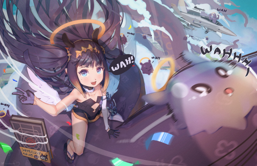 aircraft airplane ao-chan_(ninomae_ina'nis) bare_shoulders black_dress blue_eyes blunt_bangs blush book cloud confetti cucumbear073 cutout_above_navel dress drooling elbow_gloves female fighter_jet flat_chest floating floating_book floating_object flower_knot flying fur-trimmed_collar fur_trim gloves gradient_hair halo headpiece highres hololive hololive_english jet light_blush long_hair looking_at_viewer low_wings military military_vehicle mole mole_under_eye multicolored_hair ninomae_ina'nis ninomae_ina'nis_(1st_costume) okobo open_mouth orange_hair pointy_ears purple_hair sandals short_dress sidelocks single_elbow_glove single_thighhigh sitting sky smile speech_bubble strapless strapless_dress takodachi_(ninomae_ina'nis) teardrop tentacle tentacle_hair thighhighs two_side_up v very_long_hair virtual_youtuber white_legwear wings