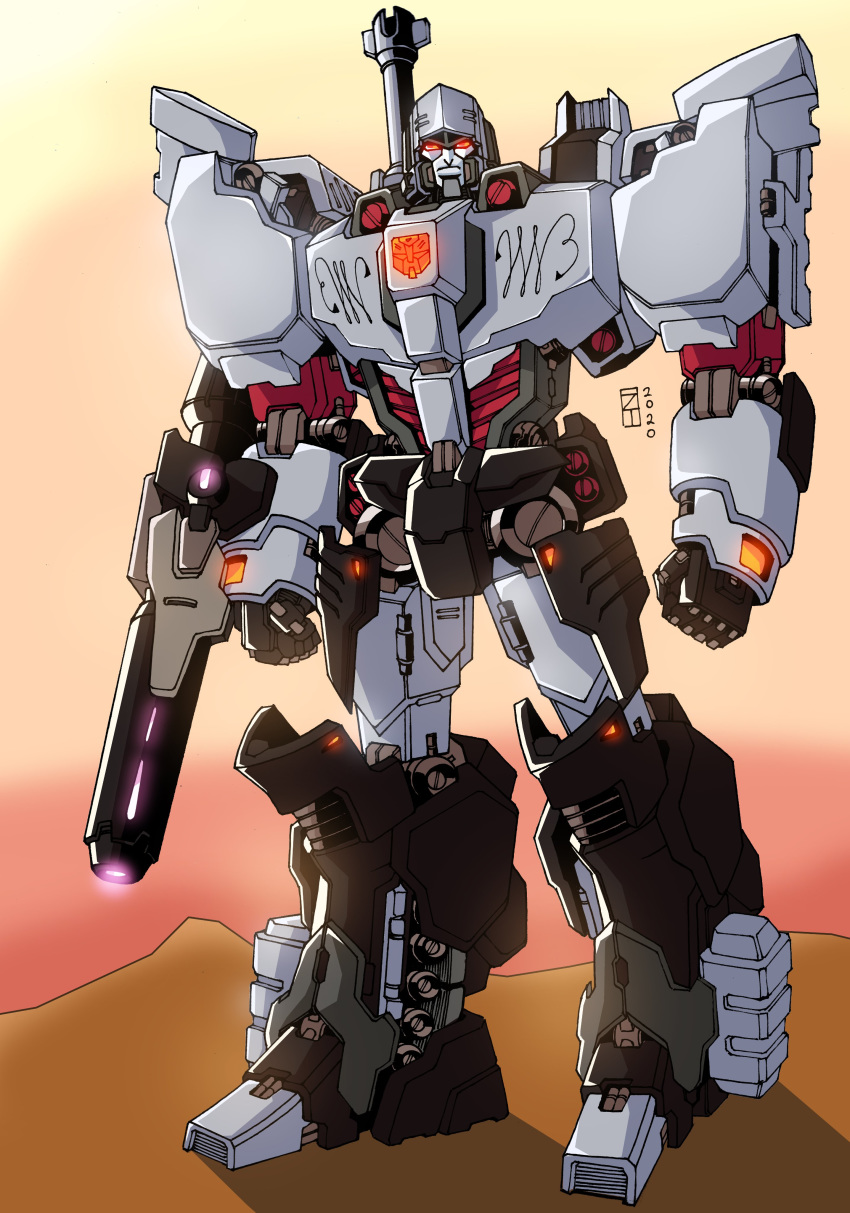 absurdres arm_cannon autobot clenched_hands english_commentary glowing glowing_eyes highres lextodrawstuff looking_at_viewer mecha megatron megatron_(idw) no_humans red_eyes robot solo standing the_transformers_(idw) transformers weapon