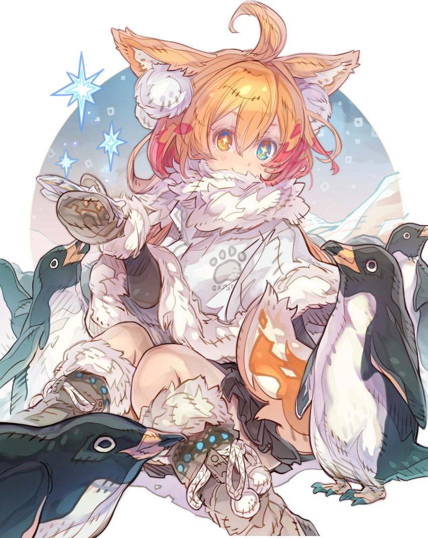 +_+ ahoge animal animal_ear_fluff animal_ears bird black_skirt blonde_hair blue_eyes boots brown_footwear capelet commentary_request commission covered_mouth feet_out_of_frame female fur-trimmed_boots fur-trimmed_capelet fur_trim grey_mittens hair_between_eyes haku_(sabosoda) heterochromia highres knees_together_feet_apart looking_at_viewer mittens original penguin pleated_skirt skeb_commission skirt solo white_capelet yellow_eyes