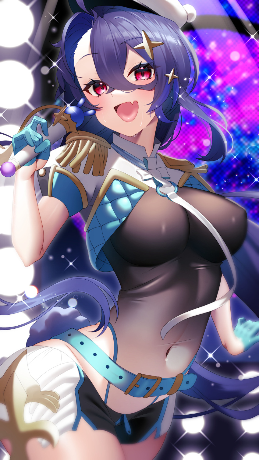 :d absurdres ahoge alternate_costume aqua_belt aqua_gloves azur_lane beret black_leotard black_shorts blurry blush breasts commentary covered_navel cowboy_shot cropped_jacket crossed_bangs depth_of_field female foch_(azur_lane) gloves grey_hair groin hair_between_eyes hair_ornament half_gloves hand_up hat highleg highleg_leotard highres holding holding_microphone idol jacket large_breasts leotard long_hair looking_at_viewer microphone multicolored_hair music neck_ribbon o-ring oerba_yun_fang open_mouth pink_eyes purple_hair ribbon seele0907 short_shorts short_sleeves shorts sidelocks singing skin_fang smile solo sparkle standing star_(symbol) star_hair_ornament sweat two-tone_shorts white_hat white_jacket white_ribbon white_shorts zipper