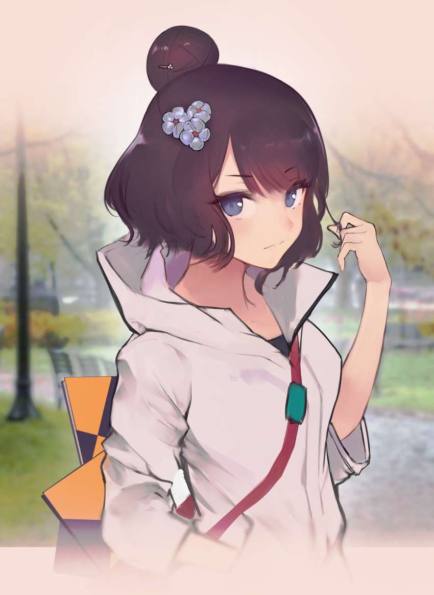 absurdres bag blue_eyes blurry blurry_background blush breasts closed_mouth commentary_request fate/grand_order fate_(series) female hair_bun hair_ornament hairpin highres hood hooded_jacket jacket katsushika_hokusai_(fate) katsushika_hokusai_(traveling_outfit)_(fate) long_sleeves looking_at_viewer official_alternate_costume outdoors park purple_hair shoulder_bag single_hair_bun sketchbook vantsuki white_jacket