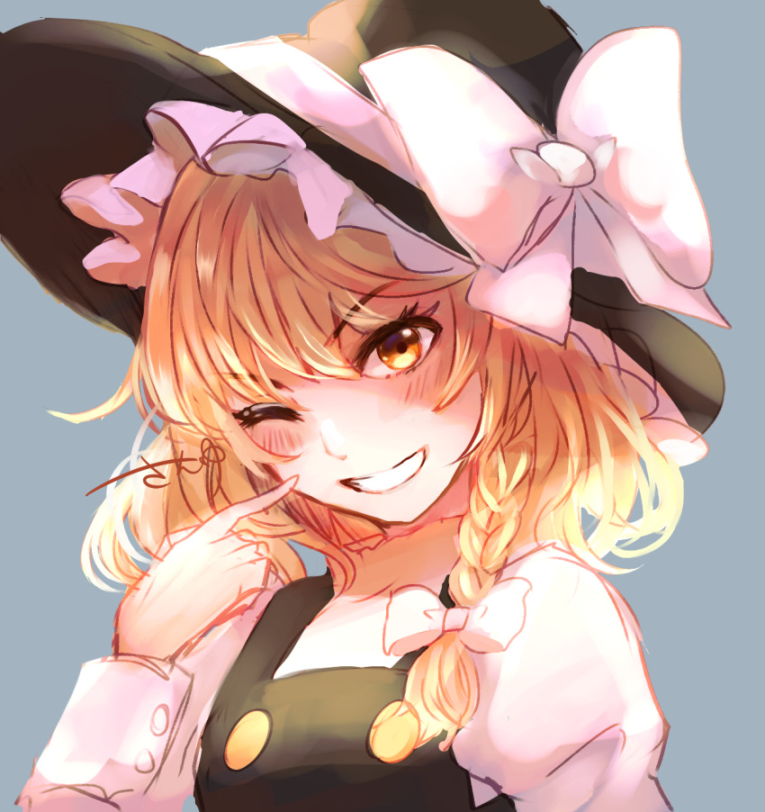 ;d bad_id bad_pixiv_id black_hat black_vest blonde_hair blush bow braid breasts buttons commentary female finger_to_mouth frilled_hat frills grey_background grin hairbow hat hat_bow highres juliet_sleeves kirisame_marisa long_sleeves looking_at_viewer medium_hair one_eye_closed open_mouth puffy_sleeves sango_(coral0707) signature simple_background single_braid small_breasts smile solo touhou upper_body v-shaped_eyebrows vest white_bow witch_hat yellow_eyes