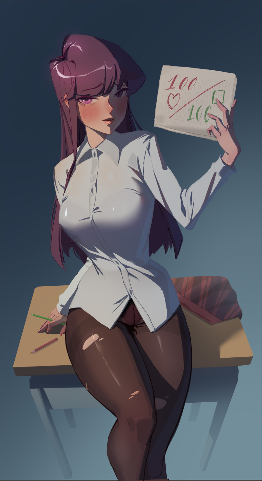 absurdres arm_support black_eyes black_hair breasts closed_mouth collared_shirt desk female highres holding holding_notebook komi-san_wa_komyushou_desu komi_shouko long_hair looking_at_viewer mazzenka meme notebook on_desk panties panty_peek pantyhose pencil school_desk shirt skirt solo twitter_strip_game_(meme) underwear unworn_skirt white_shirt