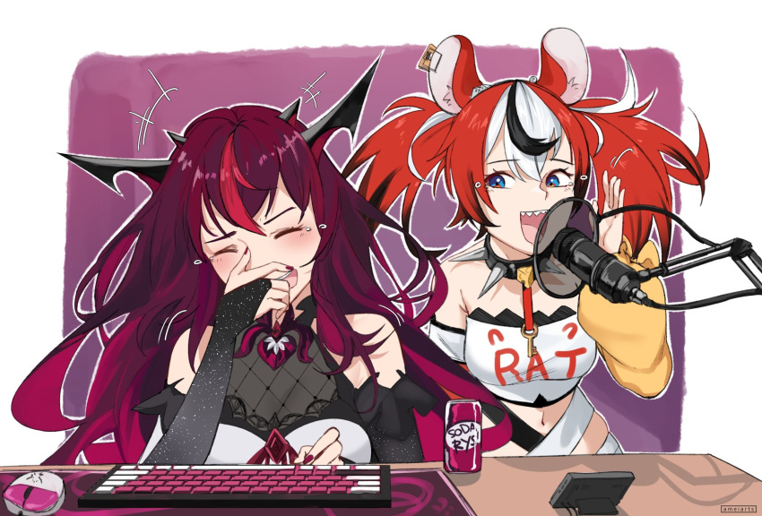 ameiarts animal_ears black_hair blue_eyes blush can computer_keyboard detached_sleeves drink_can hair_ornament hakos_baelz heterochromia highres hololive hololive_english horns irys_(hololive) irys_(irys_1.0)_(hololive) laughing long_hair microphone mouse_ears mouse_girl multicolored_hair multiple_girls open_mouth pointy_ears purple_eyes purple_hair red_hair smile soda_can spikes streaked_hair twintails virtual_youtuber white_hair wings