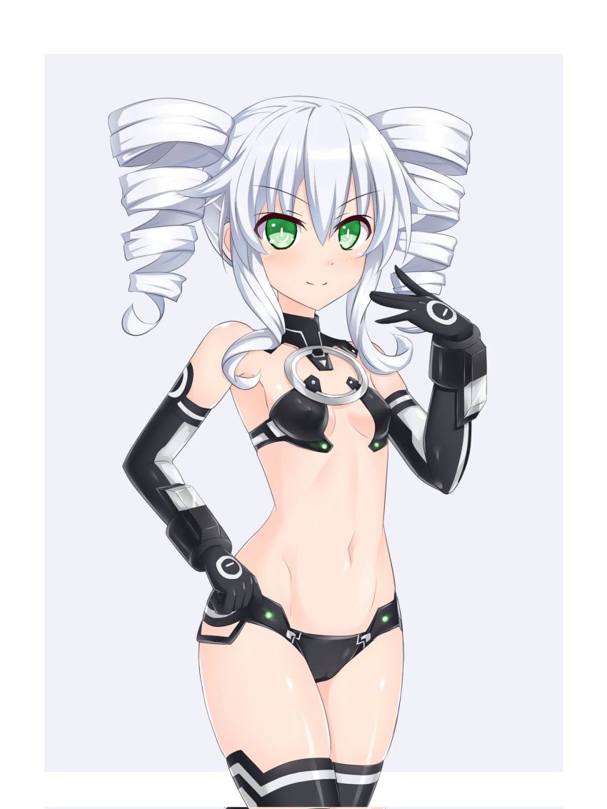 bare_shoulders black_gloves black_legwear black_sister blush breasts cameltoe choujigen_game_neptune_mk2 covered_nipples cowboy_shot crop_top drill_hair elbow_gloves female gloves green_eyes groin hair_between_eyes hand_on_own_hip hand_up highres kazuneko_(wktk1024) looking_at_viewer medium_hair navel neptune_(series) o-ring o-ring_top power_symbol power_symbol-shaped_pupils revealing_clothes sideboob sleeveless small_breasts smile solo stomach symbol-shaped_pupils thighs twin_drills white_hair