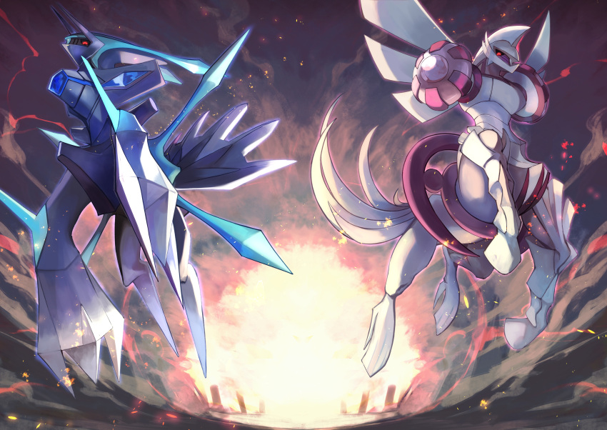 absurdres black_sclera claws colored_sclera commentary_request dialga dialga_(origin) explosion from_below highres looking_down no_humans palkia palkia_(origin) pokemon pokemon_(creature) red_eyes smoke teo_(telo_ruka)