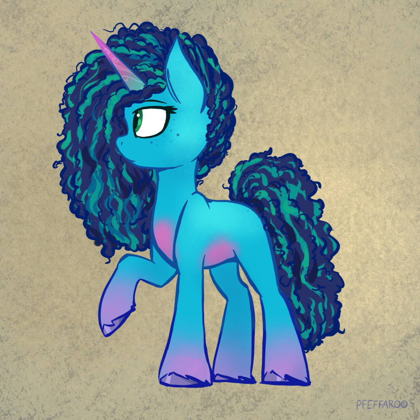 1:1 blue_body blue_eyes blue_fur curled_hair curled_tail equid equine female freckles fur hair hasbro hi_res hooves horn leg_markings mammal markings misty_brightdawn_(mlp) mlp_g5 my_little_pony mythological_creature mythological_equine mythology pfeffaroo pink_body pink_fur socks_(marking) solo tail unicorn