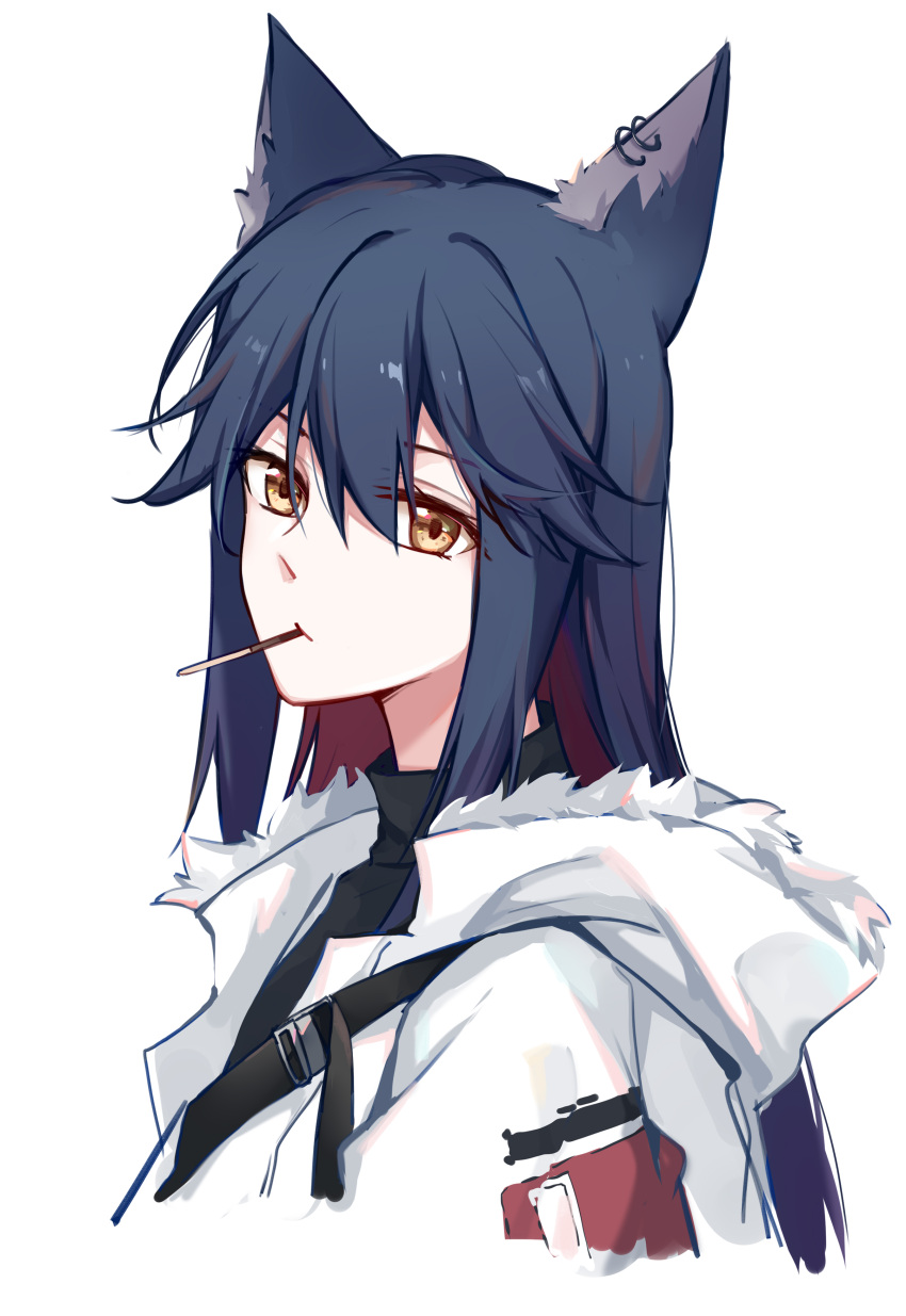 absurdres animal_ears arknights black_hair black_shirt chinese_commentary closed_mouth colored_inner_hair ear_piercing expressionless female food food_in_mouth fur-trimmed_hood fur_trim gemi_25 hair_between_eyes highres hood hooded_jacket jacket long_hair looking_at_viewer mouth_hold multicolored_hair orange_eyes piercing pocky pocky_in_mouth red_hair shirt simple_background solo straight_hair strap texas_(arknights) turtleneck two-tone_hair upper_body white_background white_jacket wolf_ears