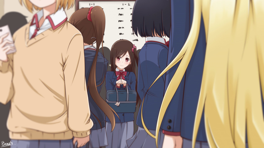 5girls bag blazer blue_jacket blurry blush bow bowtie brown_eyes brown_hair clothes_hanger commentary depth_of_field foreshortening furrowed_brow grey_skirt hair_ornament highres hitori_bocchi hitoribocchi_no_marumaru_seikatsu holding holding_bag honshou_aru jacket kurai_kako long_hair miniskirt multiple_girls one_side_up perspective plasbott pleated_skirt red_bow red_bowtie school_bag school_uniform signature skirt solo_focus sotoka_rakita sunao_nako swept_bangs symbol-only_commentary