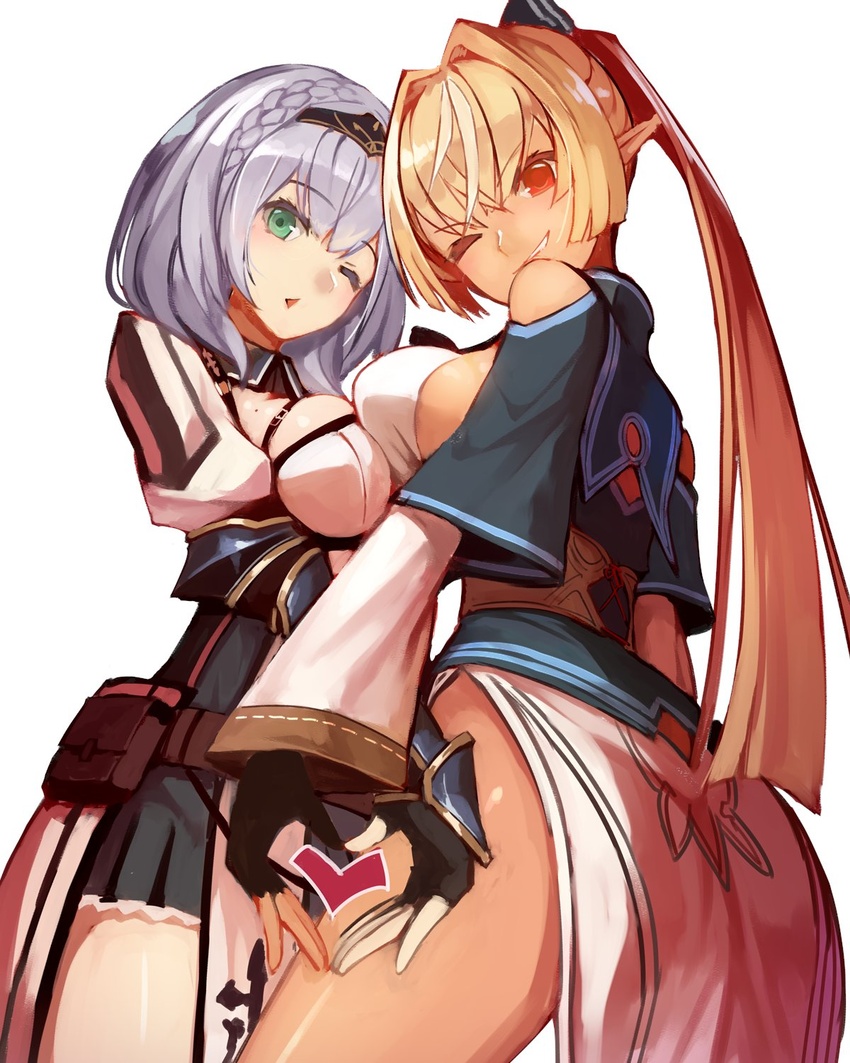 2girls bare_shoulders black_gloves blonde_hair braid breasts cleavage clothing_cutout collar commentary dark-skinned_female dark_skin elf fingerless_gloves from_below gloves gold_trim green_eyes grey_hair hair_between_eyes hair_ribbon heart heart_hands heart_hands_duo highres hololive large_breasts loincloth long_hair long_sleeves looking_at_viewer mole mole_on_breast multiple_girls one_eye_closed open_mouth pleated_skirt pointy_ears ponytail pouch red_eyes ribbon shiranui_flare shiranui_flare_(old_design) shirogane_noel shirogane_noel_(1st_costume) short_hair shoulder_cutout sideboob simple_background skirt smile standing sue_(bg-bros) tiara virtual_youtuber white_background wrist_guards