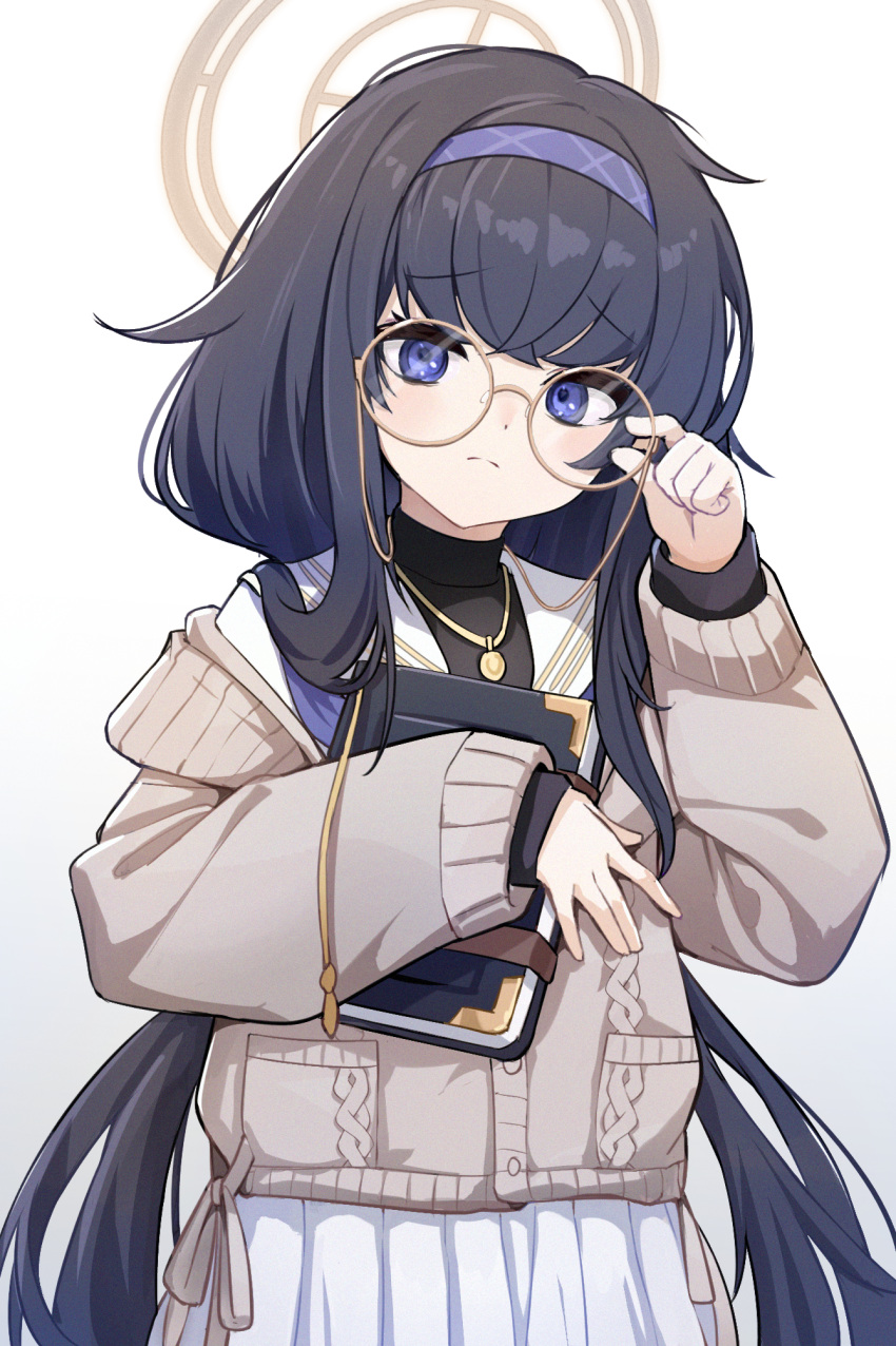 bags_under_eyes black_hair blue_archive blue_eyes blue_hairband blue_ribbon blush book cardigan cbmus closed_mouth commentary eyewear_strap female glasses gradient_background grey_cardigan hair_between_eyes hair_ribbon hairband halo highres holding holding_book jewelry long_hair long_sleeves looking_at_viewer low_twintails necklace pleated_skirt ribbon sailor_collar school_uniform serafuku simple_background skirt solo twintails ui_(blue_archive) upper_body very_long_hair white_skirt