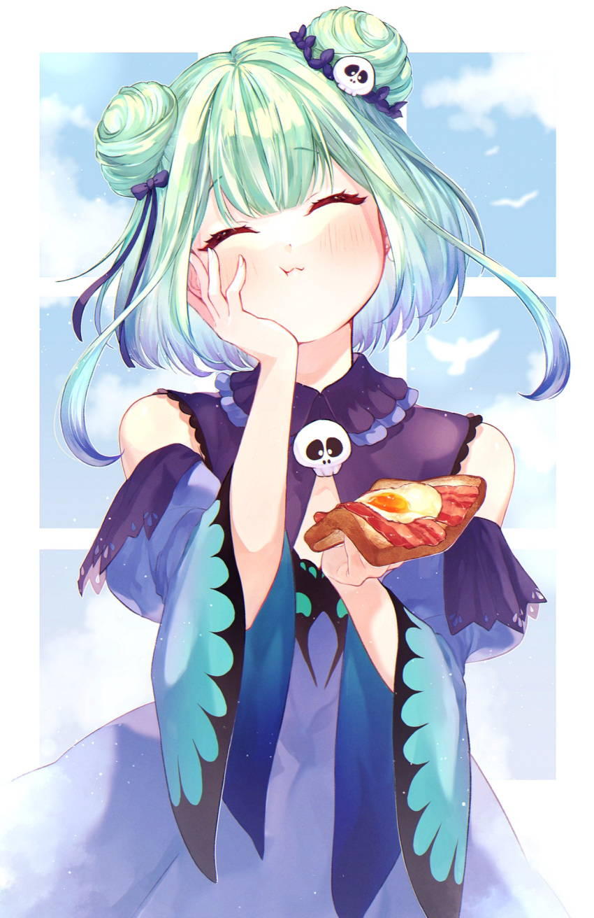 ^_^ animal_print bacon blue_dress blue_hair blush bread bread_slice butterfly_print cleavage_cutout closed_eyes clothing_cutout detached_sleeves double_bun dress eating female flat_chest food gradient_hair green_hair hair_bun hair_ornament hand_on_own_face highres holding holding_food hololive meyumeyuta multicolored_hair short_hair skull_hair_ornament smile solo toast uruha_rushia uruha_rushia_(1st_costume) virtual_youtuber