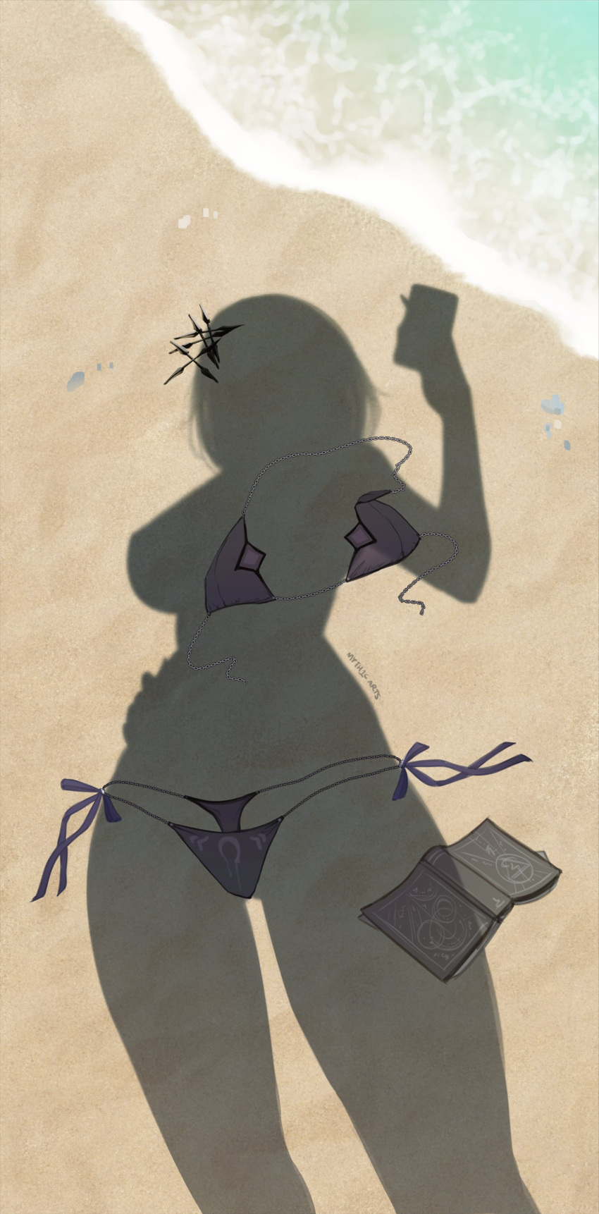 absurdres beach bikini book commentary dressed_shadow_(meme) female female_pov hair_ornament highres holding holding_phone hololive hololive_english implied_nudity meme myth1carts out_of_frame phone pov sand shadow shiori_novella side-tie_bikini_bottom silhouette solo swimsuit thong thong_bikini unworn_bikini unworn_clothes virtual_youtuber