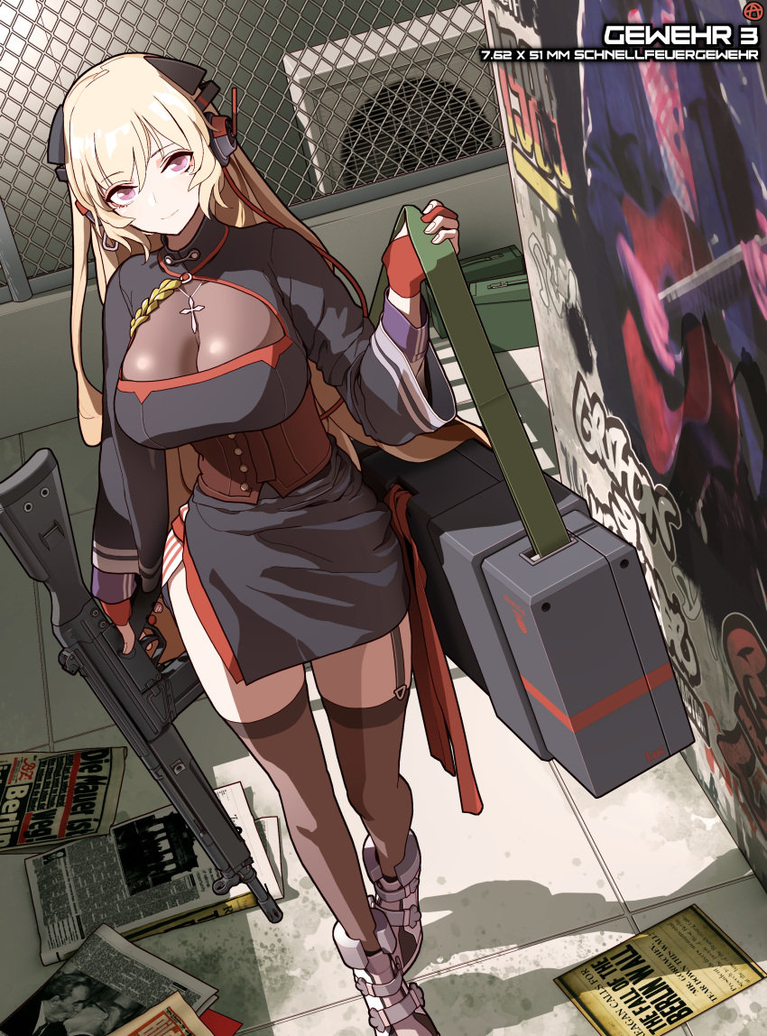 absurdres battle_rifle black_corset black_dress black_thighhighs blonde_hair breasts circle_a commentary_request commission corset dress erich_honecker female full_body g3_(girls'_frontline) g3_(mod3)_(girls'_frontline) girls'_frontline gloves gun h&k_g3 highres holding holding_gun holding_weapon large_breasts leonid_brezhnev long_hair partially_fingerless_gloves pixiv_commission purple_eyes red_gloves rifle solo standing thighhighs weapon zettai_ryouiki