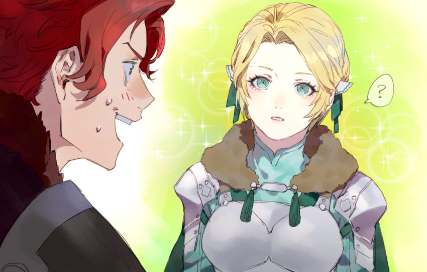 1boy 91007 ? armor blonde_hair blush boobplate breastplate brown_eyes female fire_emblem fire_emblem:_three_houses fur green_eyes hair_ornament ingrid_brandl_galatea looking_at_another metal open_mouth red_hair short_hair shoulder_armor sparkle spoken_question_mark sweatdrop sylvain_jose_gautier