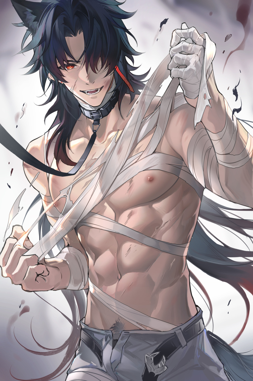 1boy abs absurdres animal_ear_fluff animal_ears bandaged_arm bandaged_hand bandaged_neck bandages belt black_belt black_collar black_hair blade_(honkai:_star_rail) chest_sarashi chinese_commentary clenched_hand collar collarbone commentary_request earrings fangs gradient_hair grey_pants hair_intakes hair_over_one_eye hands_up highres honkai:_star_rail honkai_(series) jewelry leash long_hair looking_at_viewer male_focus male_pubic_hair multicolored_hair navel nipples one_eye_covered open_belt open_fly open_mouth pants parted_bangs pectorals pos_po pubic_hair pubic_hair_peek red_eyes red_hair sarashi scar scar_on_arm scar_on_chest sidelocks single_earring solo standing stomach tail teeth tongue torn_sarashi undone_sarashi v-shaped_eyebrows very_long_hair viewer_holding_leash wolf_boy wolf_ears wolf_tail