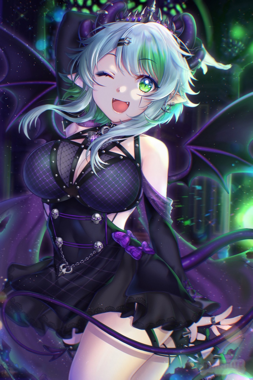 apricot_the_lich apricot_the_lich_(1st_costume) blue_hair breasts cleavage cleavage_cutout clothing_cutout colored_inner_hair demon_girl demon_tail demon_wings fangs female fishnets green_eyes green_hair highres horns jewelry maiulive medium_breasts multicolored_hair multiple_horns pointy_ears skirt skull smile solo tail tiara virtual_youtuber vshojo wings