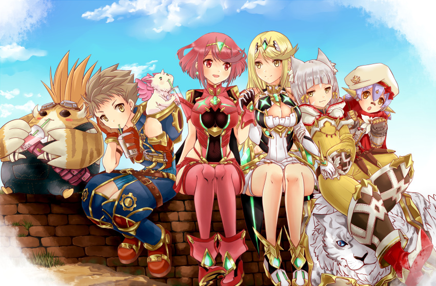 1boy 4girls animal_ears bad_id bad_pixiv_id blonde_hair blunt_bangs bodysuit breasts cat_ears cleavage commentary_request grey_hair highres large_breasts multiple_girls mythra_(xenoblade) nia_(xenoblade) nopon partial_commentary poppi_(xenoblade) poppi_alpha_(xenoblade) pyra_(xenoblade) red_eyes red_hair rex_(xenoblade) shiroxai short_hair tora_(xenoblade_2) xenoblade_chronicles_(series) xenoblade_chronicles_2 yellow_bodysuit yellow_eyes