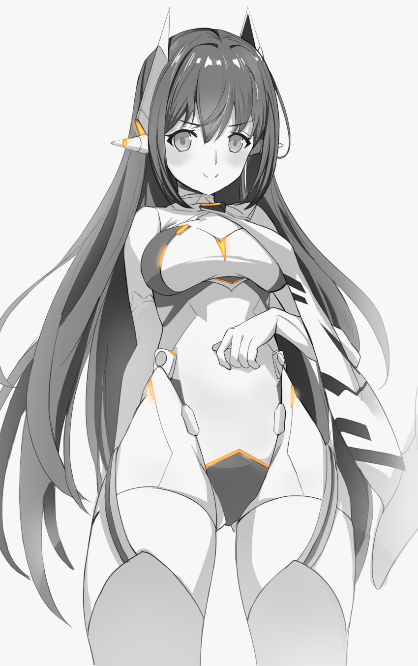 android ass_visible_through_thighs bare_shoulders blush breasts cowboy_shot female from_below greyscale highleg highleg_leotard highres kiiro_kimi leotard long_hair looking_at_viewer medium_breasts monochrome poppi_(xenoblade) poppi_qtpi_(xenoblade) robot_ears smile solo thighhighs white_background xenoblade_chronicles_(series) xenoblade_chronicles_2