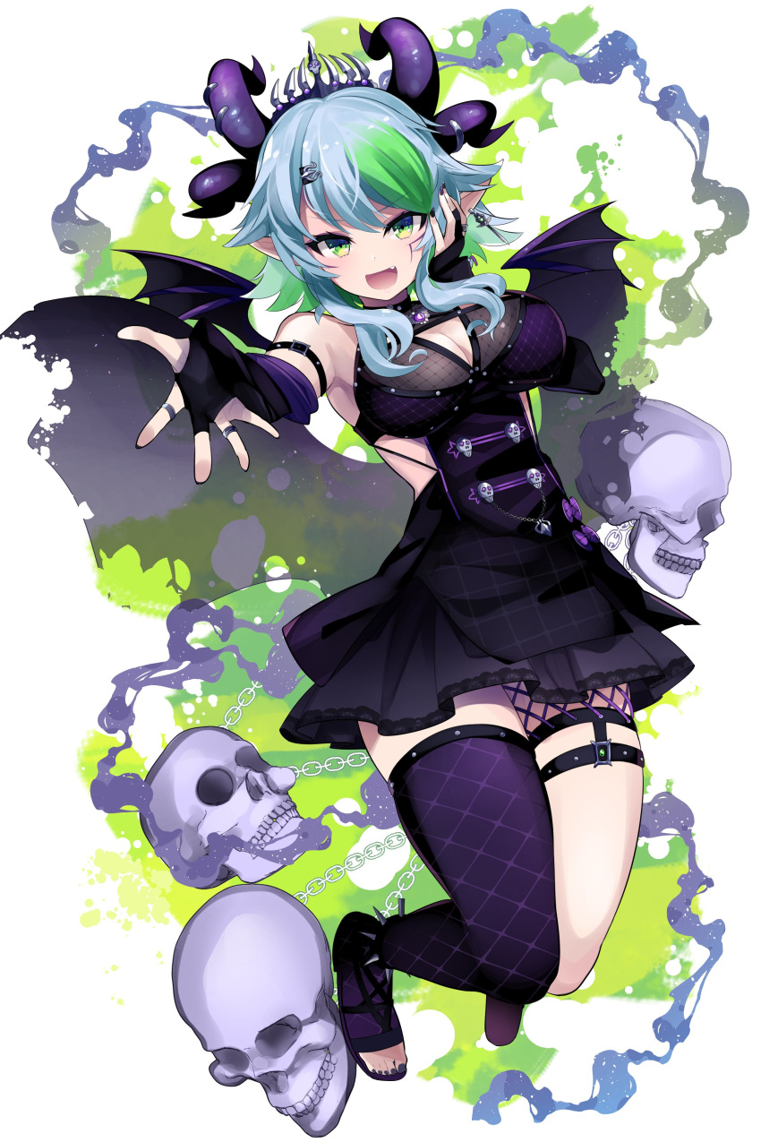 absurdres akagi_(sk0127aho) apricot_the_lich apricot_the_lich_(1st_costume) blue_hair breasts cleavage cleavage_cutout clothing_cutout colored_inner_hair demon_girl demon_wings fangs female fishnets green_eyes green_hair highres horns jewelry medium_breasts multicolored_hair multiple_horns oerba_yun_fang pointy_ears ring single_thighhigh skirt skull solo thighhighs tiara virtual_youtuber vshojo wings