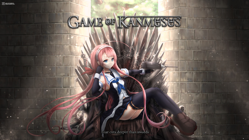 a_song_of_ice_and_fire absurdres ahoge asymmetrical_bangs belt black_gloves black_skirt black_thighhighs blue_eyes cannon collared_shirt commentary delinquent elbow_gloves english_commentary english_text female fingerless_gloves game_of_thrones gloves hair_ribbon hairband highres iron_throne kantai_collection kawakaze_(kancolle) loafers long_hair low_twintails machinery neckerchief parody pleated_skirt pointy_ears red_hair ribbon shirt shoes sidelocks skirt sleeveless sleeveless_shirt solo sukeban sword thighhighs throne turret twintails very_long_hair wakaura_asaho weapon