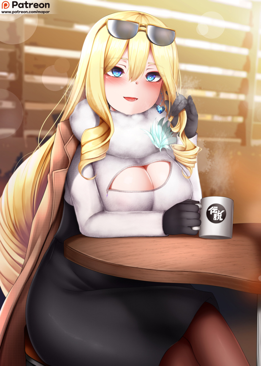 bad_id bad_pixiv_id black_gloves black_skirt blonde_hair blue_eyes blush breasts brown_jacket brown_pantyhose charlotte_(last_origin) cleavage crossed_legs cup drill_hair earrings eyewear_on_head female flower fur_collar gloves hair_between_eyes high-waist_skirt highres indoors jacket jacket_on_shoulders jewelry large_breasts last_origin long_hair long_sleeves looking_at_viewer mapar mug no_bra open_mouth pantyhose patreon_logo patreon_username photoshop_(medium) side_drill sitting skirt smile solo sunglasses sweater table twirling_hair unzipped very_long_hair white_sweater zipper zipper_pull_tab